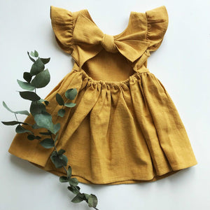 New Girls' Dress Baby Cotton And Linen Solid Color Children Shirt Bow Princess Dress