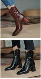 Women Boots Ankle Sock Boots High Heels Square Pointed Toe Leather