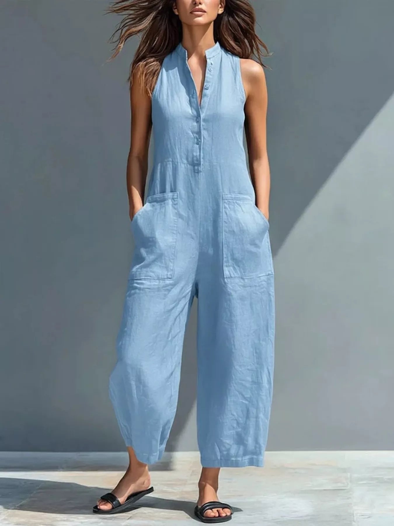 Shop Full Size Button Front Sleeveless Jumpsuit Plus Size - Women's Fashion | Akatonbo