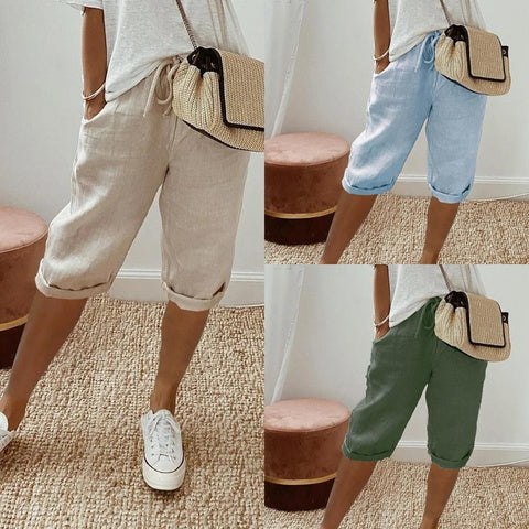 Pantalones cortos elásticos de algodón y lino para mujer con bolsillos