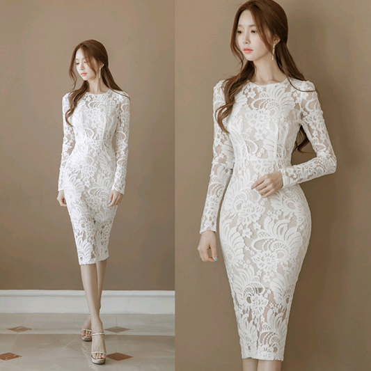 Akatonbo Lace Slim Bag Hip Fashion Round Neck Long Dress Women'S Step Skirt