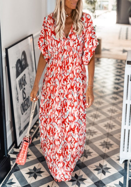 Classic Summer Printed V-neck Short Sleeve Women's Loose Dress