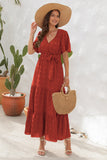 Summer V-neck Short Sleeve Dress Fashion Fur-ball Design Tied High Waist Long Long Dresses