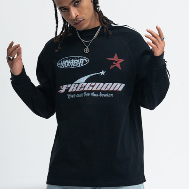 Letter Printed Raglan Three Bars Long Sleeve Bottoming Top Men