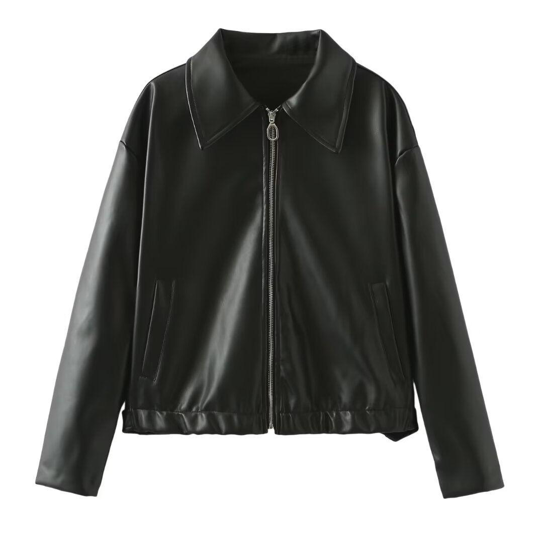 Veste à Col Revers Unie, Fermeture Éclair, Manches Longues, Manteau en Cuir, Hauts Vêtements pour Femmes