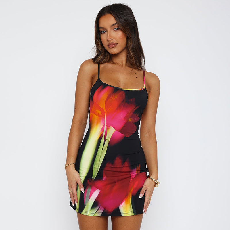 Summer Flowers Printed Suspender Dress Fashion Slim