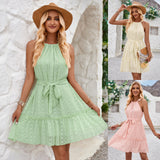 Solid Color Halter rneck Dress Summer Casual Lace Tie Waist