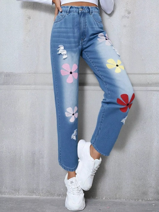 Shop Floral Embroidered High Waist Distressed Jeans - Women's Fashion | Akatonbo