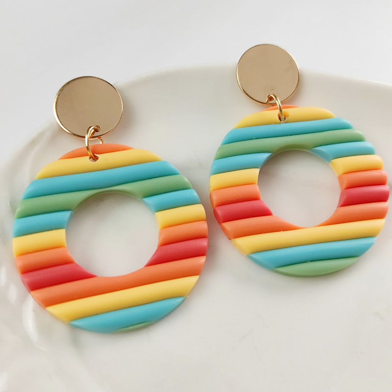Aggregate Brickearth Polymer Clay Earrings Rainbow Bar Multicolor Art