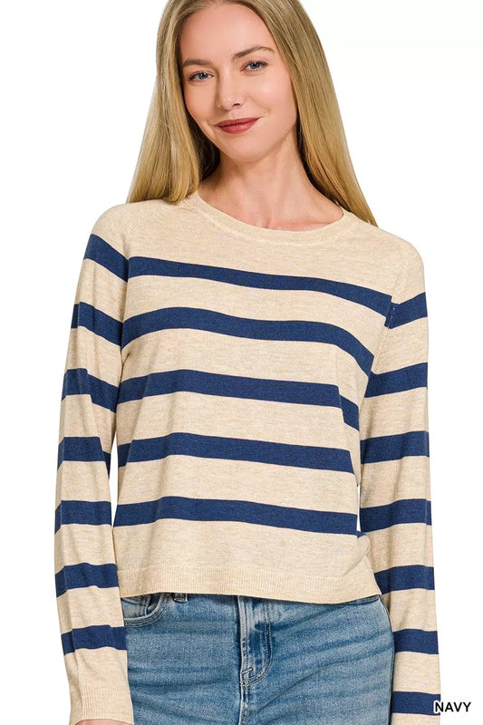 Shop Zenana Lightweight Wool Blend Striped Round Neck Sweater - Women's Fashion | Akatonbo