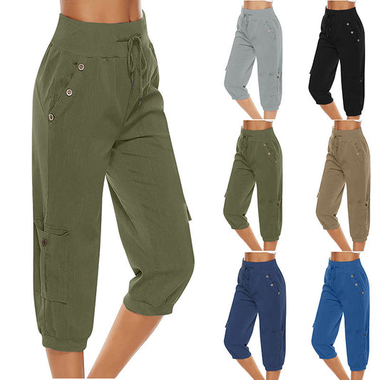 Akatonbo Women'S Cropped Pants Cotton Linen Cargo Pocket Casual Pants