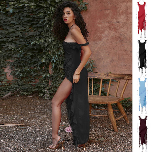 Akatonbo Ruffle Thigh High Split Dress Women Sexy Spaghetti Strap Square Neck Backless Suspender Dresses For Evening Praty Clothing