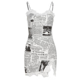 Hong Kong-style Retro Lace Suspender Skirt Newspaper Style Print