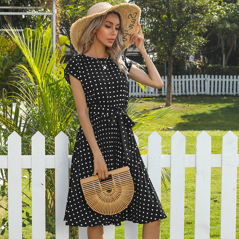 Robe mi-longue plissée décontractée à pois et manches courtes pour femme, élégante tenue de bureau verte