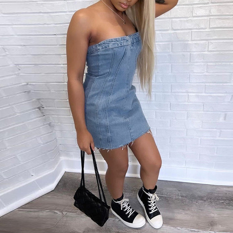 Fashion Backless Tube Denim Dress Summer Sexy Slim Short Dress