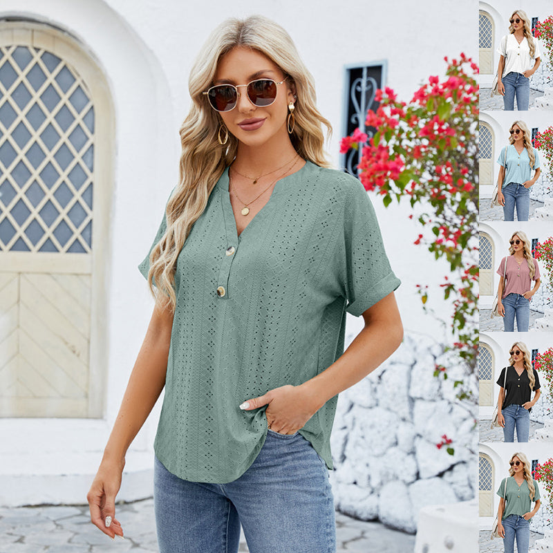 Camiseta con cuello en V y dobladillo enrollado, manga corta, moda de verano, diseño hueco con botones, suelta informal, ropa de mujer