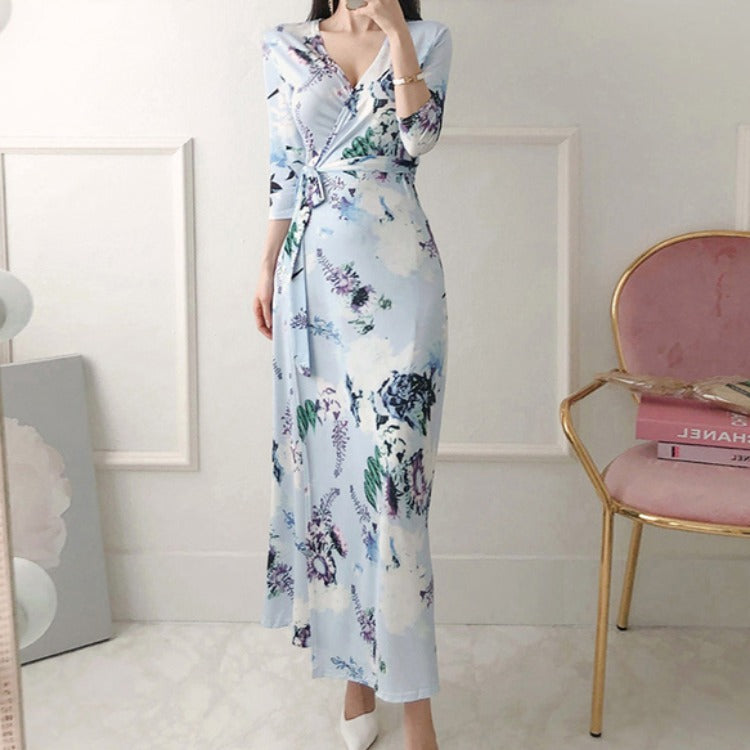 Slim Slimming Temperament Lace V-neck Waist Dress Women