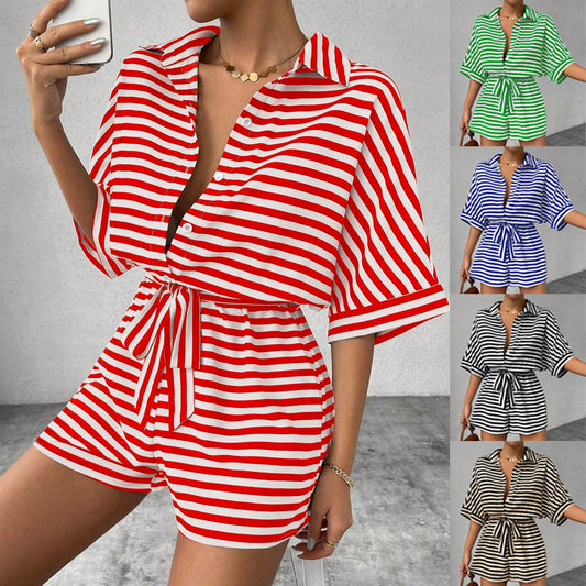 Akatonbo Striped Lapel Cardigan Button Half Sleeve Belt Shorts Suit Jumpsuit