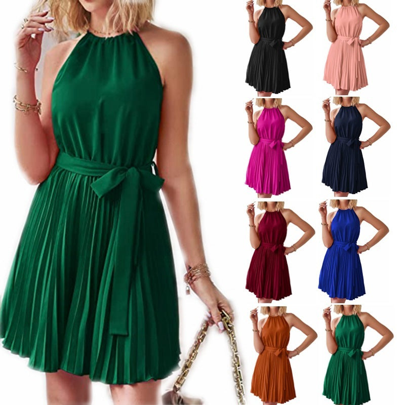 Vestidos sin tirantes con cuello halter para mujer, falda plisada sólida, vestido playero de verano