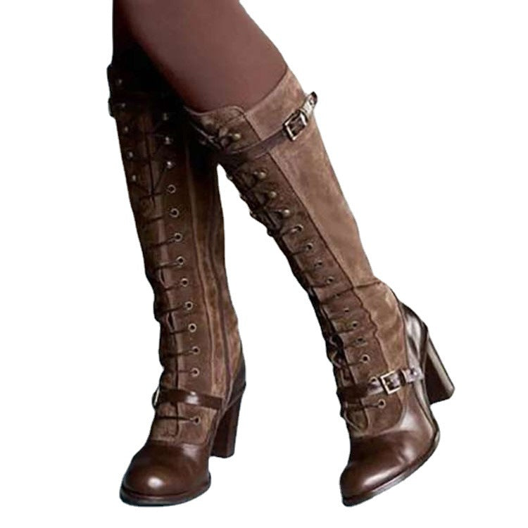 Women's High-heeled Boots Foreign Trade Belt Buckle Long Tube