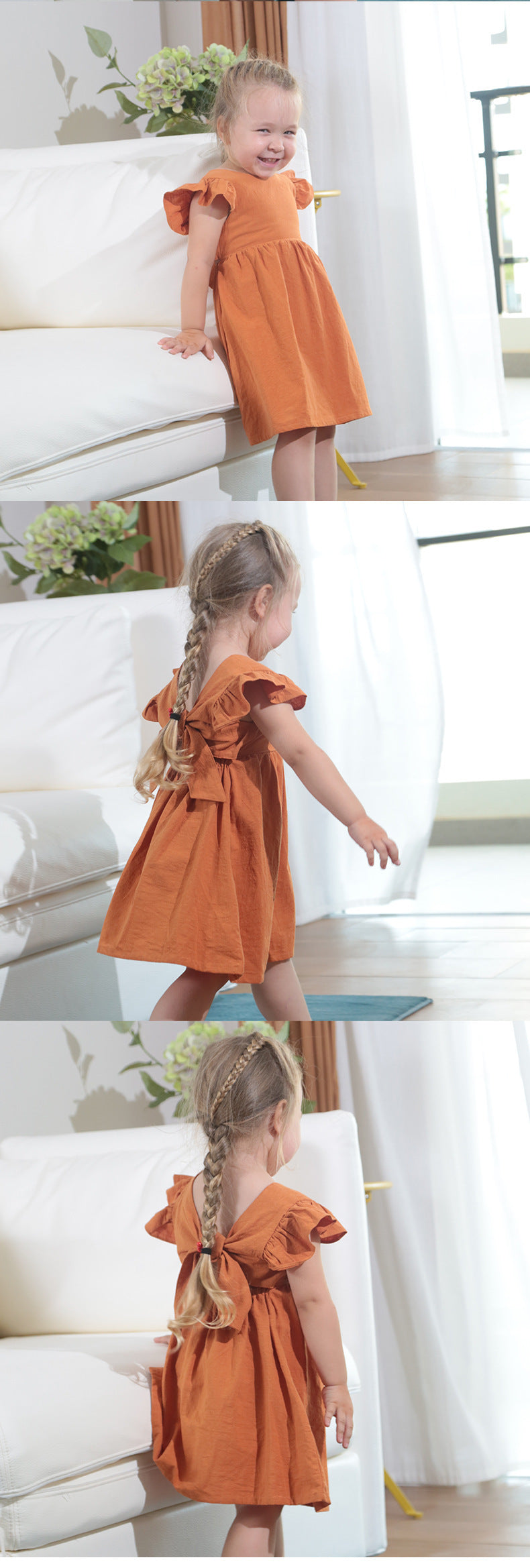 New Girls' Dress Baby Cotton And Linen Solid Color Children Shirt Bow Princess Dress