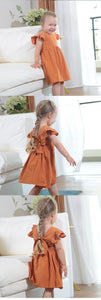 New Girls' Dress Baby Cotton And Linen Solid Color Children Shirt Bow Princess Dress