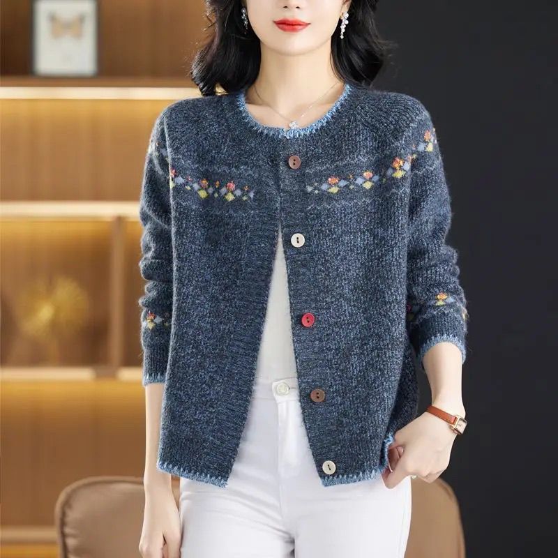 Round Neck Wool Cardigan Coat For Women