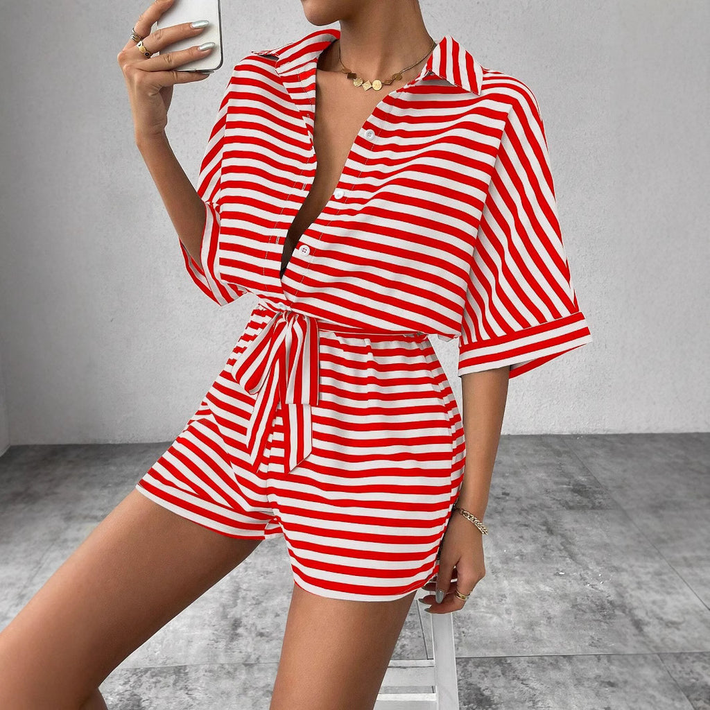 Striped Lapel Cardigan Button Half Sleeve Belt Shorts Suit Jumpsuit