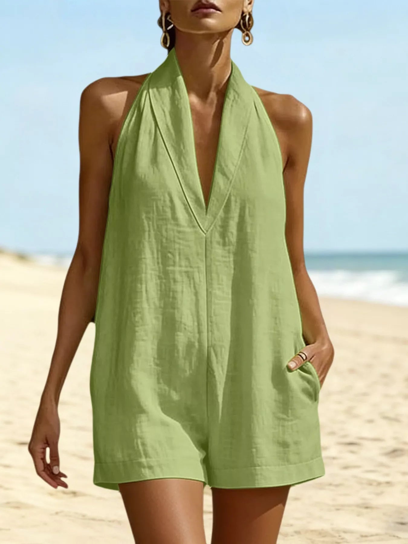 Shop Halter Neck Romper with Pockets - Women's Fashion | Akatonbo