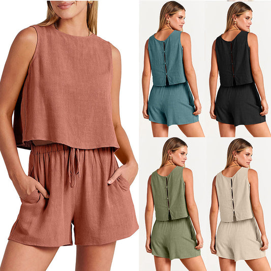Akatonbo Women'S Set Summer Sleeveless Tops And Drawstring Shorts Fashion Suit 2pcs
