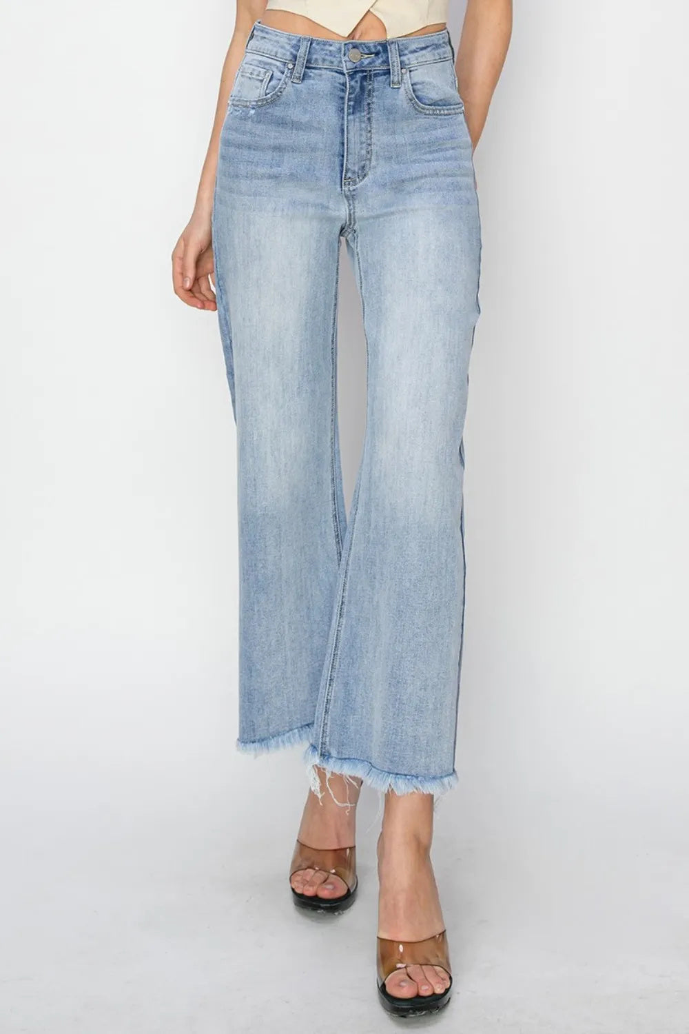 Pantalones Vaqueros Cortos de Tiro Alto con Bajo Deshilachado Risen