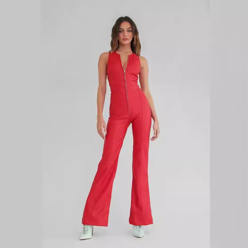 Summer Slim Heart-shape Backless Denim Jumpsuit Women Halter Neck Zip Up High Waist Retro Style