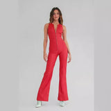 Summer Slim Heart-shape Backless Denim Jumpsuit Women Halter Neck Zip Up High Waist Retro Style