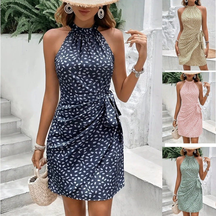 Summer Halter Neck Printed Dress With Tied-Waist Design Ladies Dress