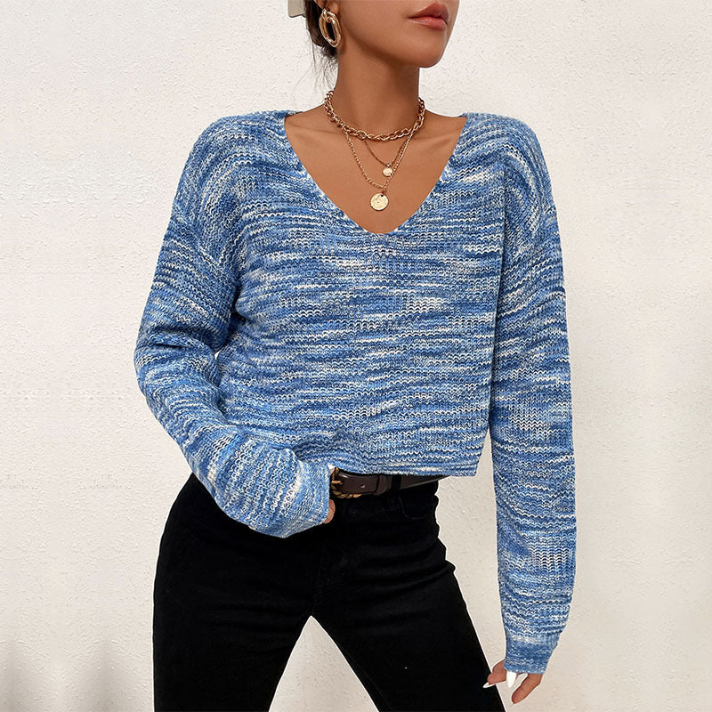New Autumn And Winter European And American Fashion Short Blue Long Sleeved V-neck Sweater