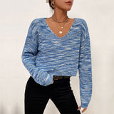 New Autumn And Winter European And American Fashion Short Blue Long Sleeved V-neck Sweater