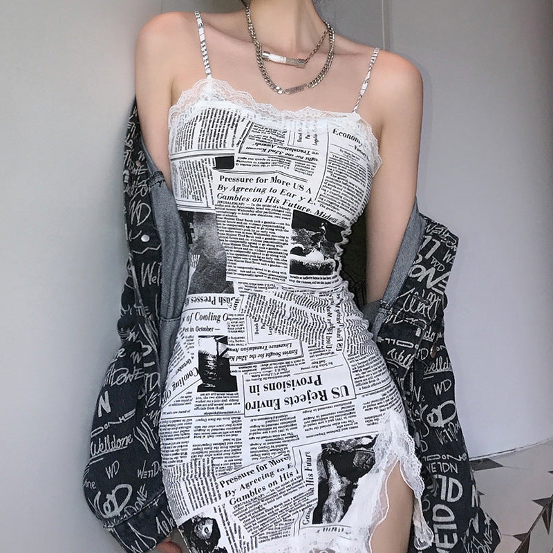 Hong Kong-style Retro Lace Suspender Skirt Newspaper Style Print