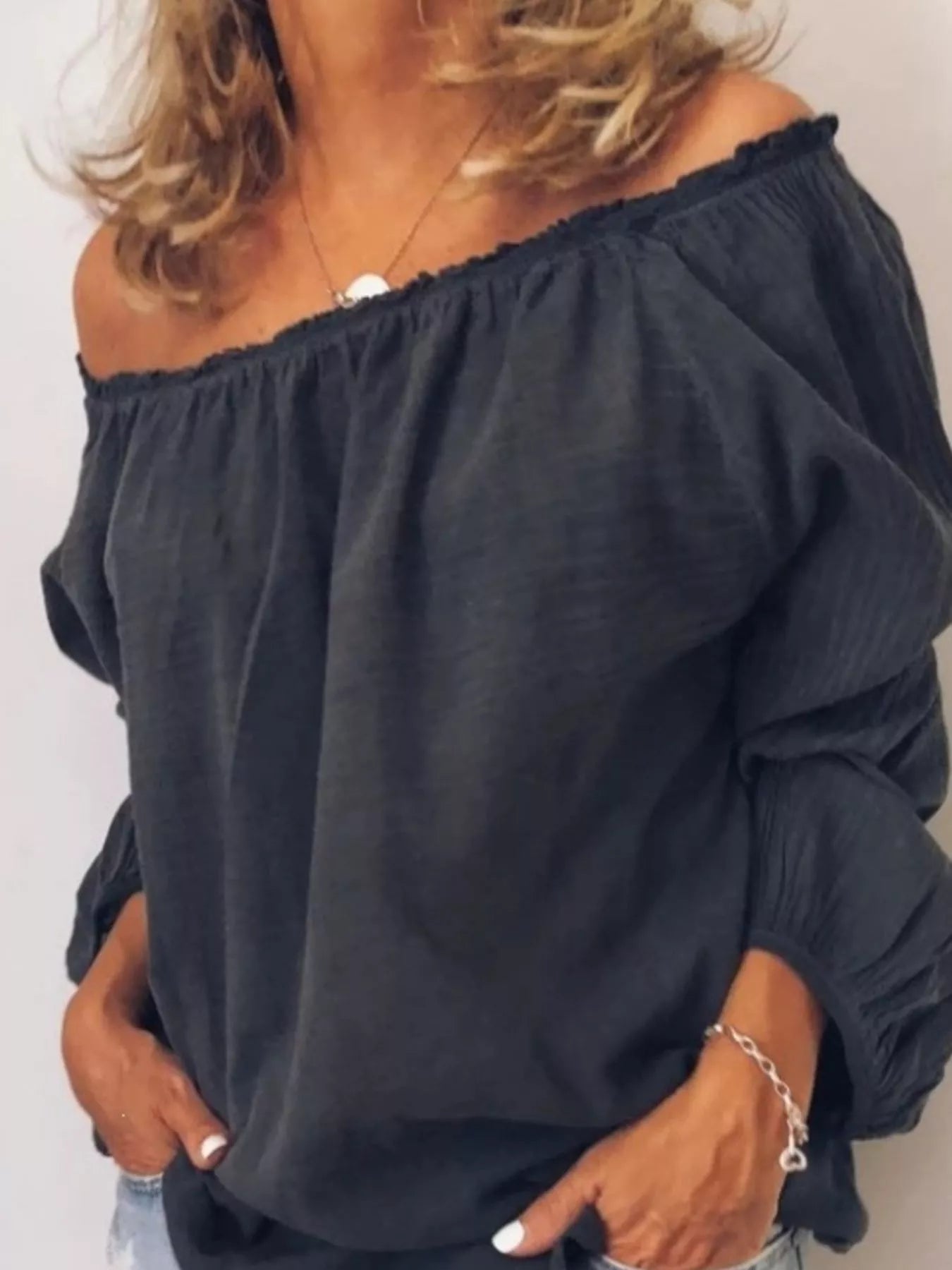 Shop Off-Shoulder Frill Trim Blouse - Women's Fashion | Akatonbo