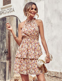Summer Printed Halter Dress Fashion Boho Backless Ruffled A-Line Beach Dress