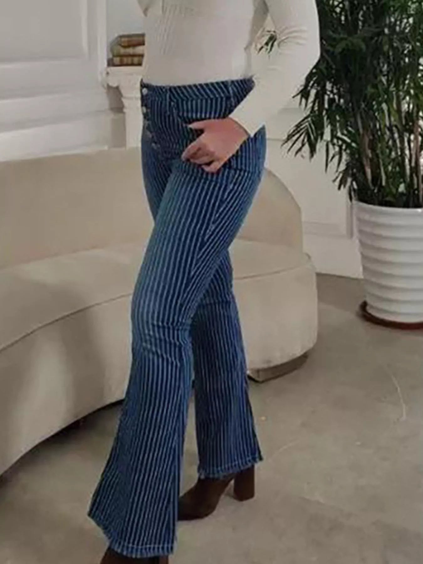 Shop Striped Button Fly Flare Jeans - Women's Fashion | Akatonbo