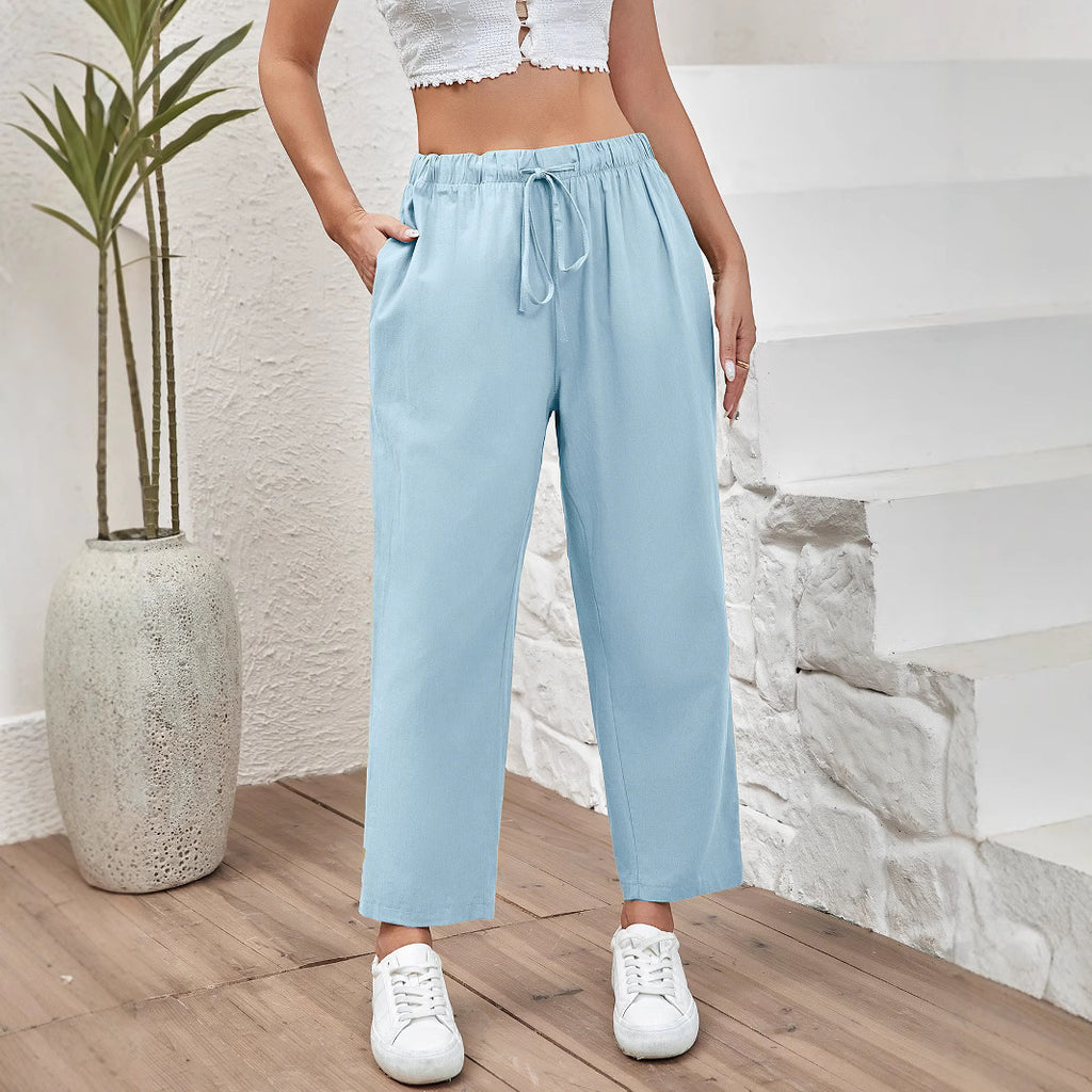 Women's Drawstring Elastic Cotton And Linen Casual Cropped Pants