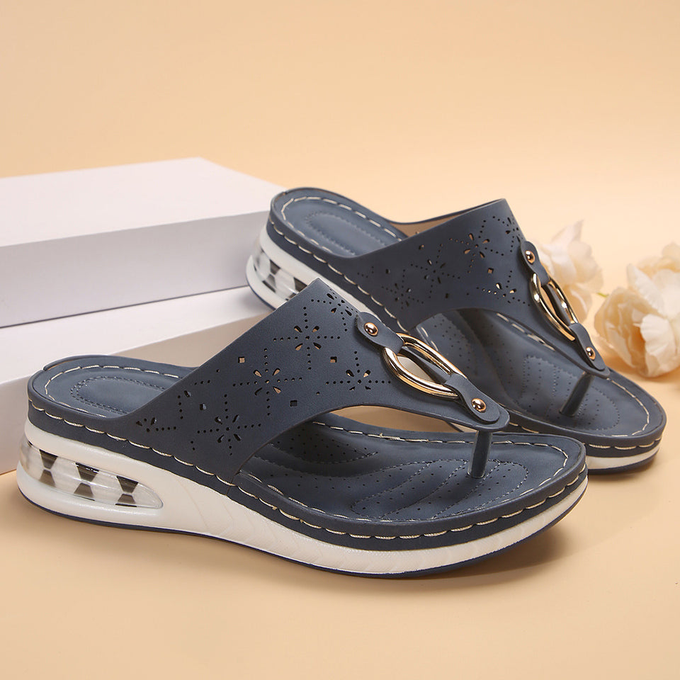 New Air Cushion Sandals Summer Flip Flops Metal Buckle Wedges Shoes For Women Thick Sole Beach Shoes