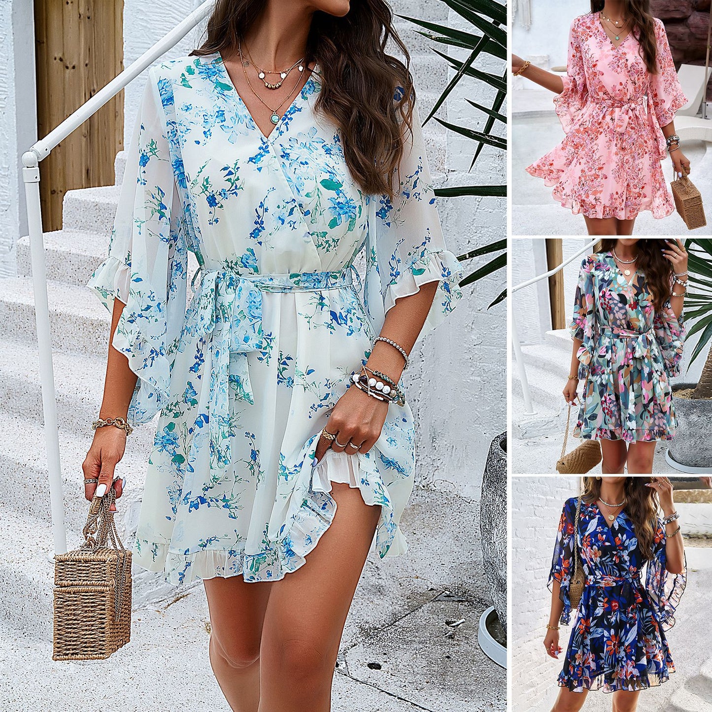 Akatonbo Summer Floral Print Short Sleeves Dress Lace Up Ruffles Design Fashion V-Neck Short Dresses Womens Clothing
