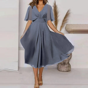 Fashion Solid Color And V-neck Waist Trimming Casual Swing Dress