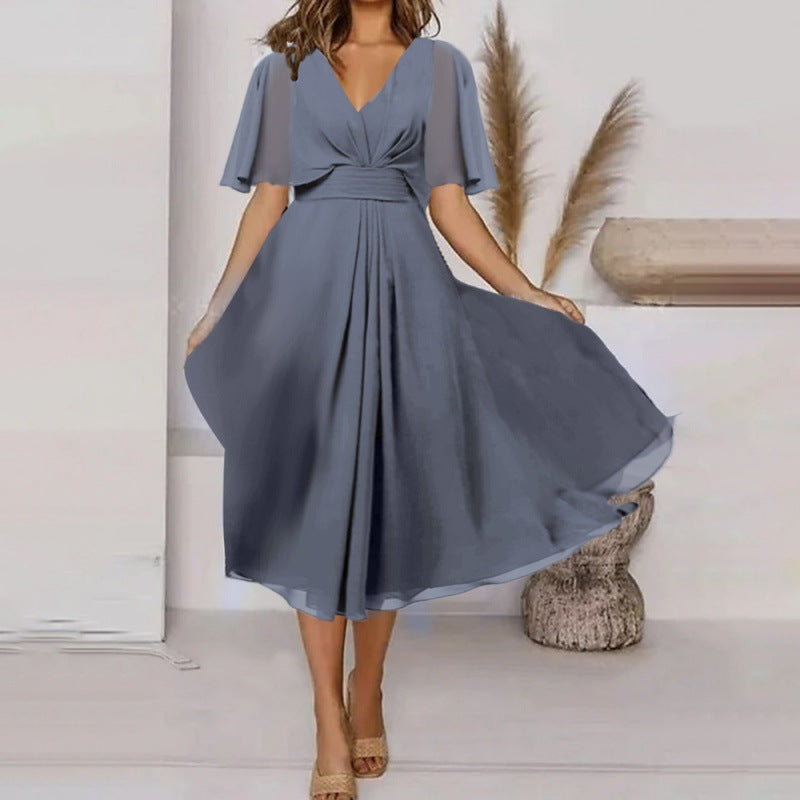 Fashion Solid Color And V-neck Waist Trimming Casual Swing Dress