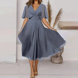 Fashion Solid Color And V-neck Waist Trimming Casual Swing Dress
