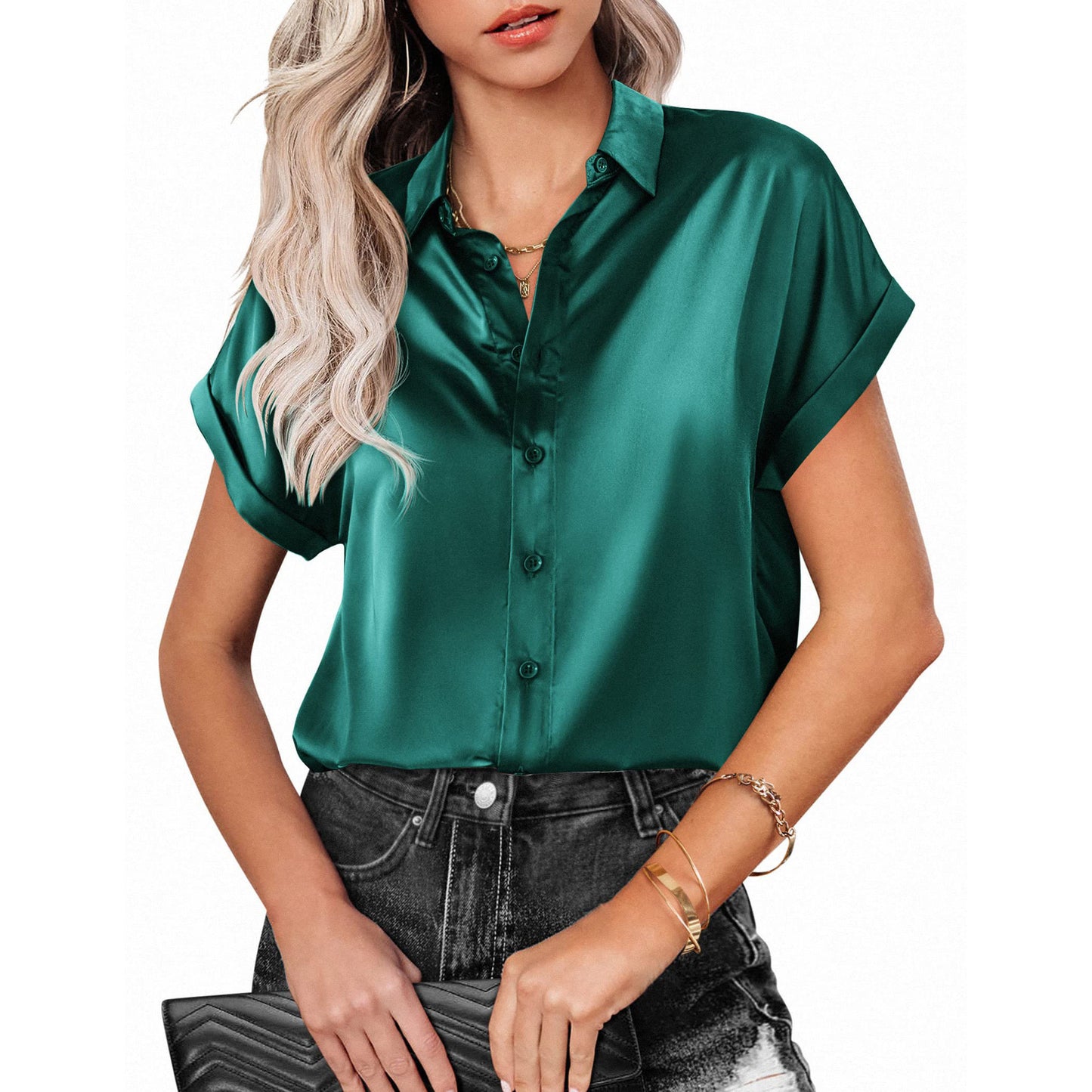 Camisa de Manga Corta con Botones en la Solapa, Casual, Holgada, de Color Sólido, para Verano