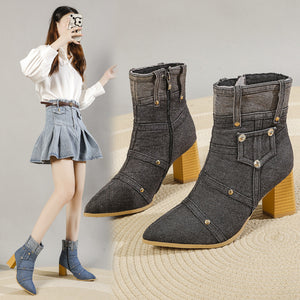 Denim Pointed Toe Chunky Heel Martin Boots Women