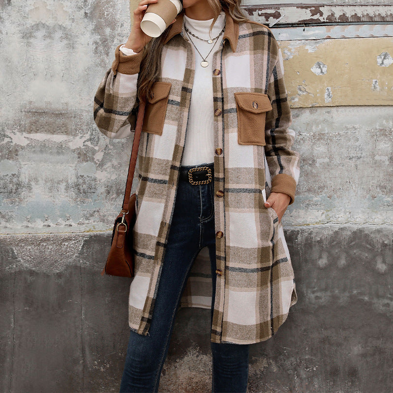 Nuevo abrigo largo a cuadros cepillado con bolsillos, chaqueta de invierno a la moda, ropa de abrigo para mujer