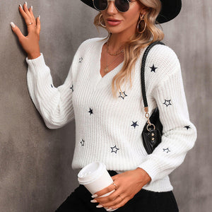 New Commuter V-Neck Solid Little Star Embroidery Sweater